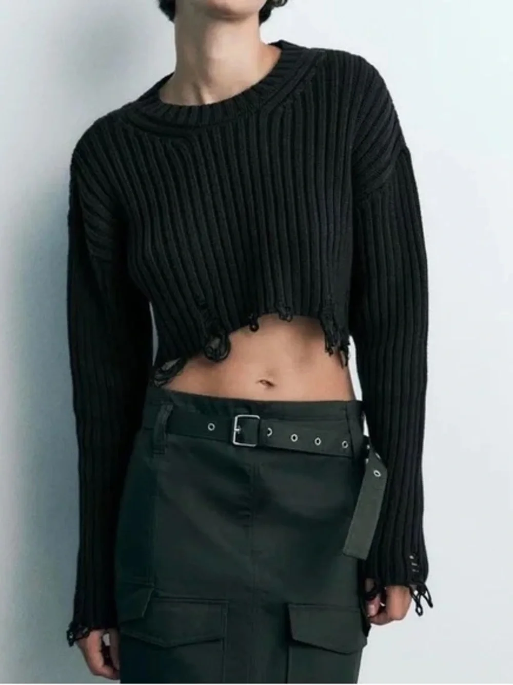 Zara Black Crewneck Ribbed Cropped Distressed Sweater Small